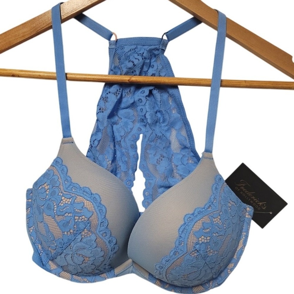 Fredericks of Hollywood Heartthrob Lace Bra Womens Size 32D Blue Racerback NWT